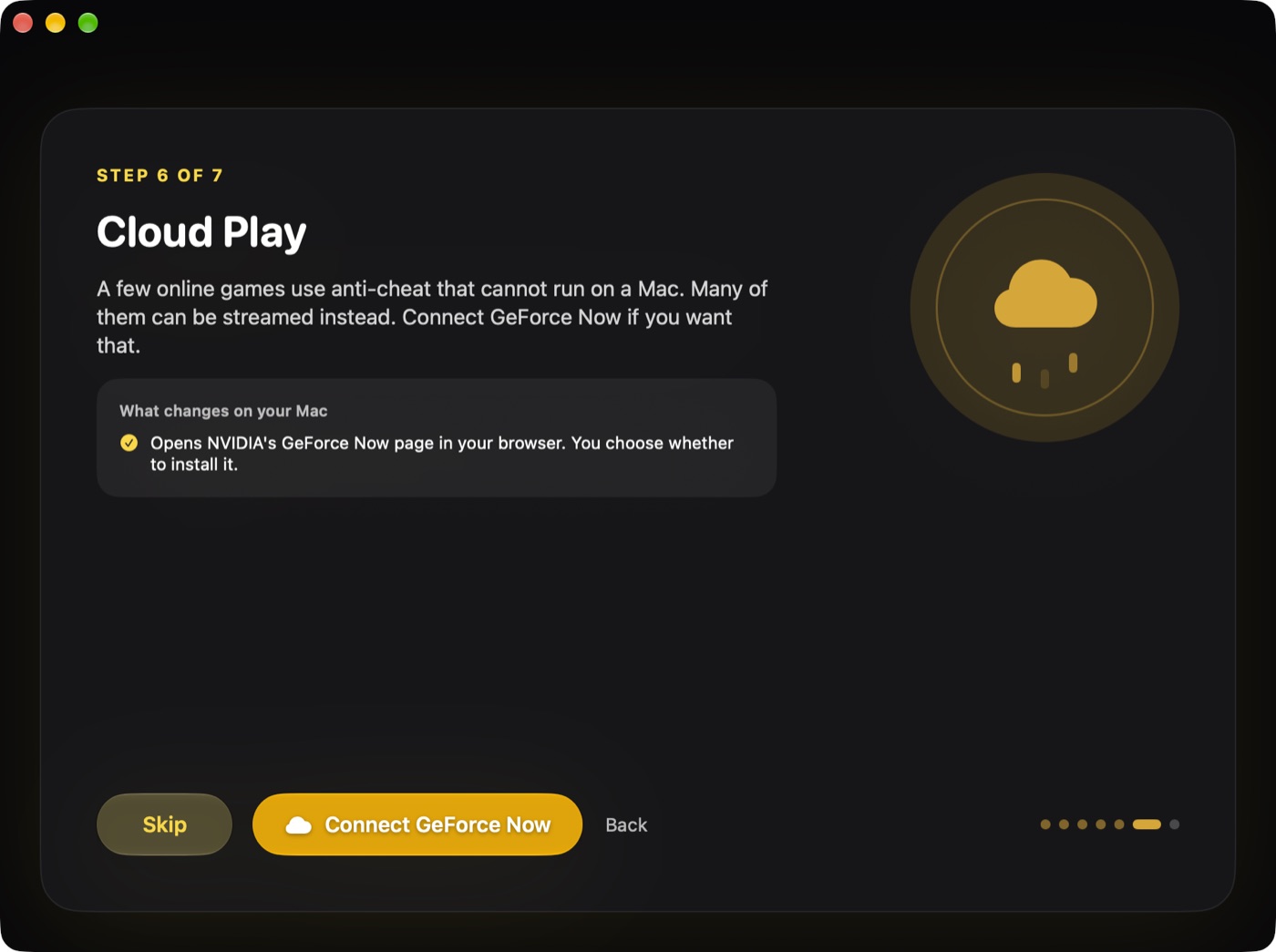 MacPorter setup, step 6: Cloud Play, with buttons to skip or connect GeForce Now