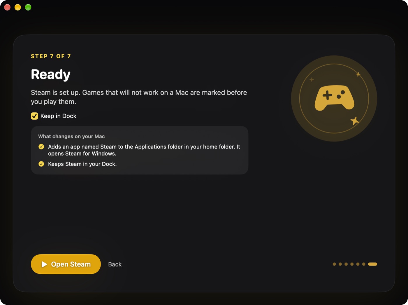 MacPorter setup, step 7: Ready, with an Open Steam button